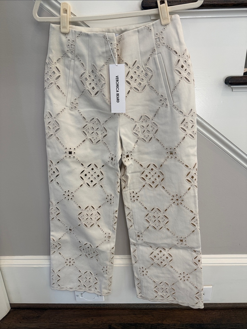 Veronica Beard Cream Eyelet Straight-Leg Pants